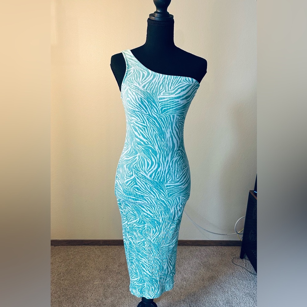 Nine West One Shoulder Turquoise Zebra Dress